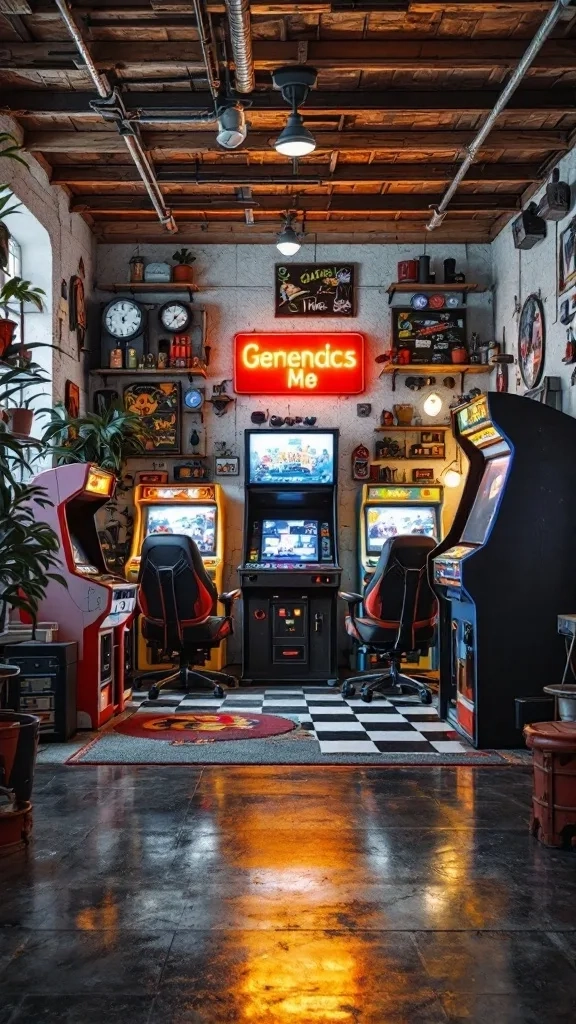A retro game corner in a garage featuring arcade machines, neon sign, and cozy decor.