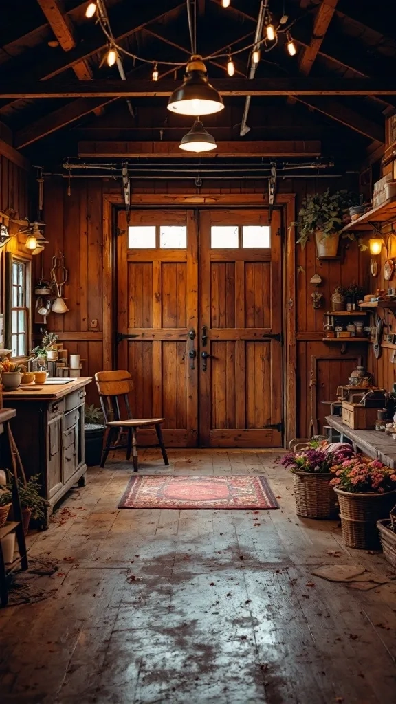 A rustic garage with rich mahogany wood accents and warm lighting, featuring a welcoming entrance and cozy decor.