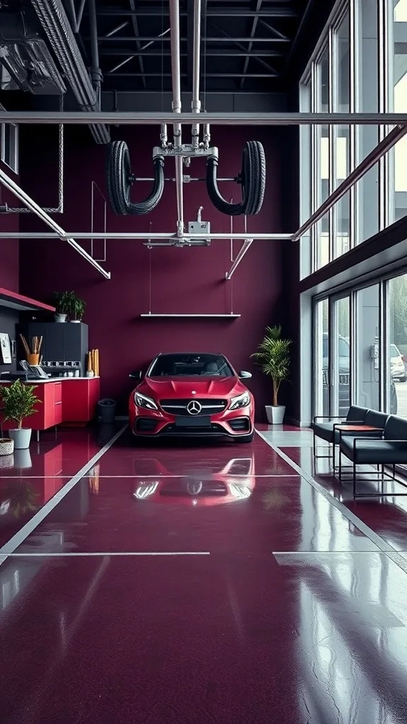 Garage featuring rich plum walls and silver accents with a sleek car and modern decor.