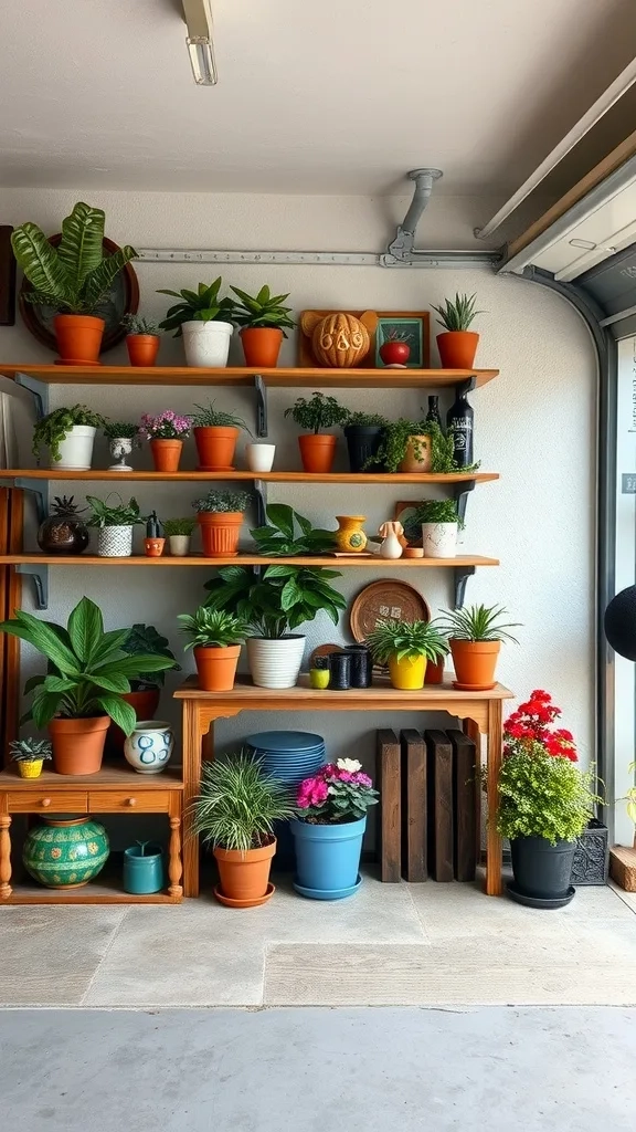 A garage wall featuring rustic wooden shelves filled with potted plants and decorative items.