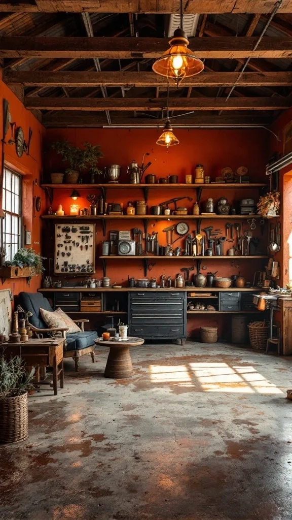 Interior of a rustic garage painted in rusty orange with wooden shelves, tools, and warm lighting.