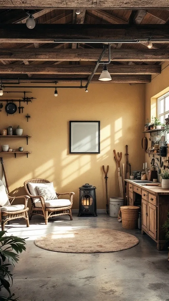 A cozy garage space featuring sandy beige walls, wooden beams, rattan chairs, and natural decor.