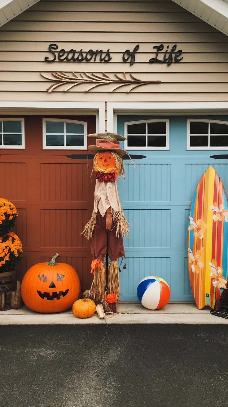 A decorated garage with a scarecrow, pumpkins, and seasonal flowers.