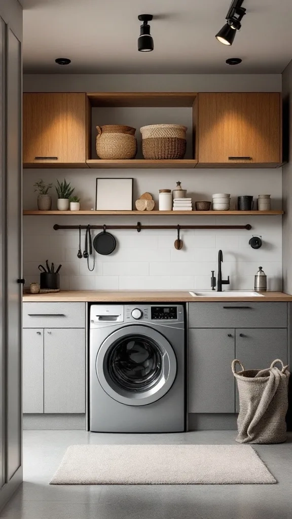 A stylish laundry room with minimalist design, featuring grey cabinetry, wooden accents, and open shelving.