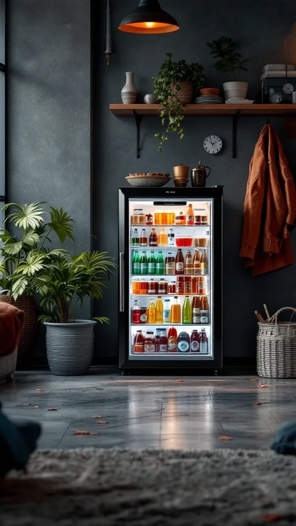 Image of a sleek mini fridge in a cozy garage lounge setting.