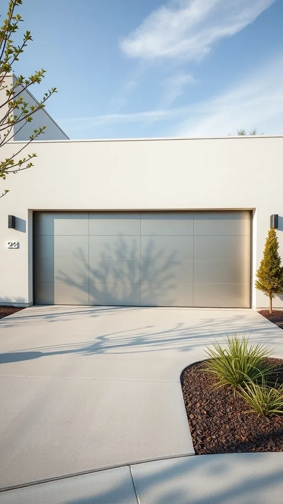A sleek modern garage entrance with aluminum panels and a clean driveway
