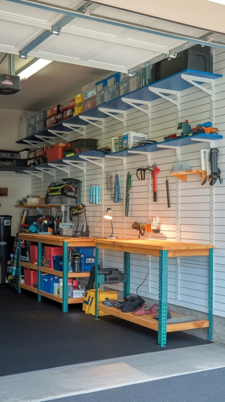 A well-organized garage featuring wall-mounted shelves, clear bins, and a workbench.