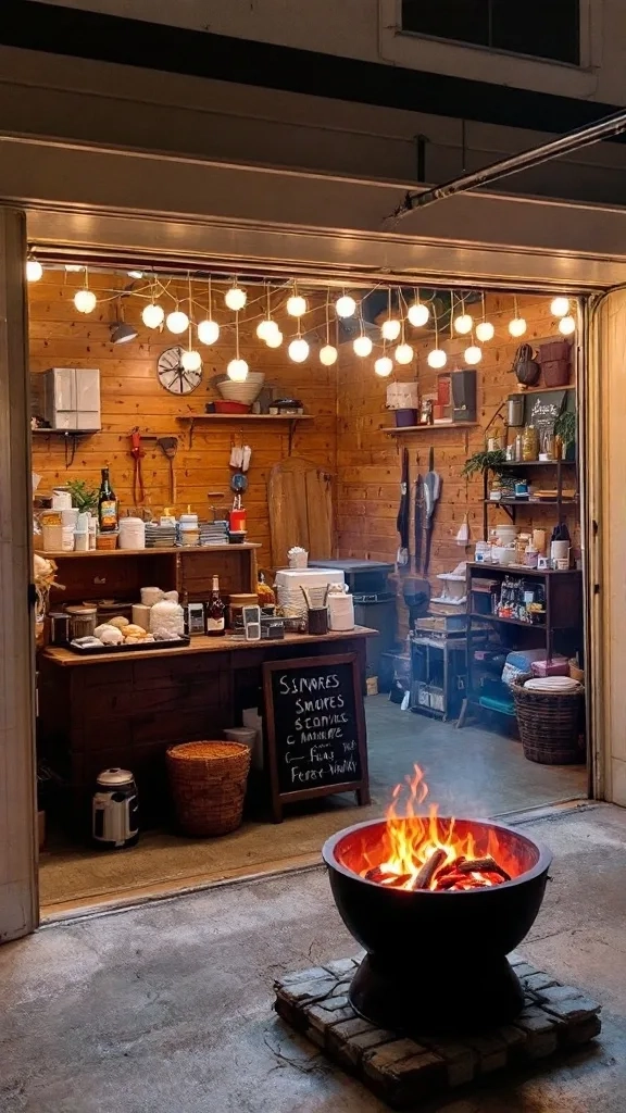 A cozy s'mores station with a fire pit, graham crackers, chocolate, and marshmallows in a garage