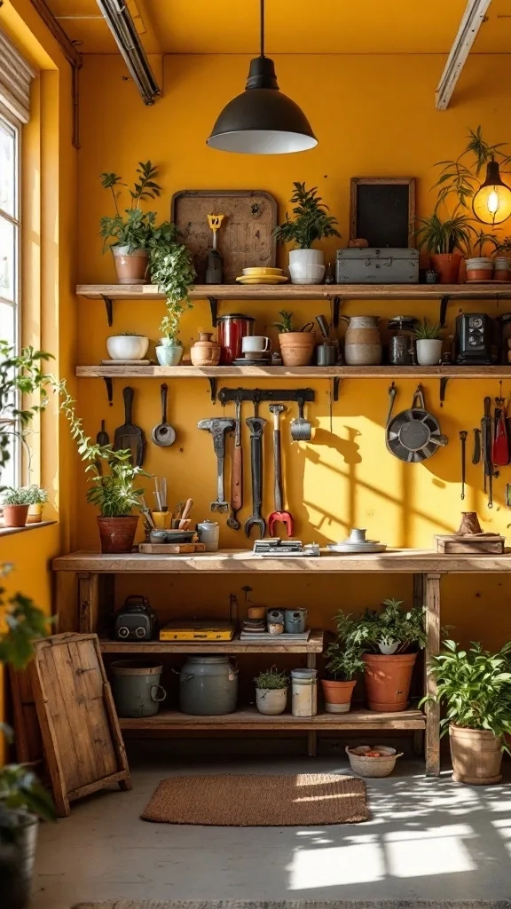 A cozy garage with soft mustard walls, wooden shelves filled with plants and tools, and a bright light hanging from the ceiling.