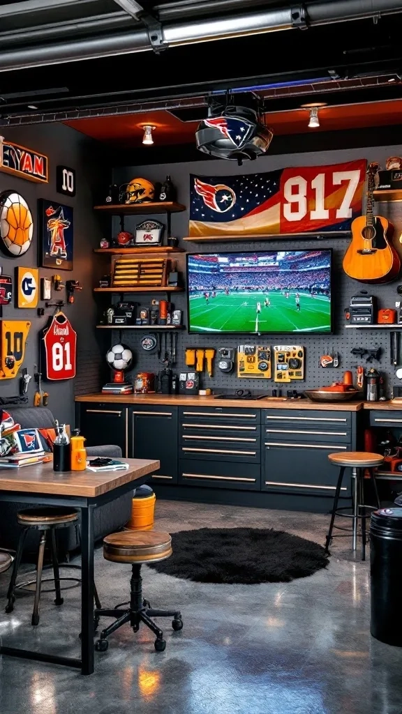 Sporty garage decorated with team memorabilia, large TV, and cozy seating