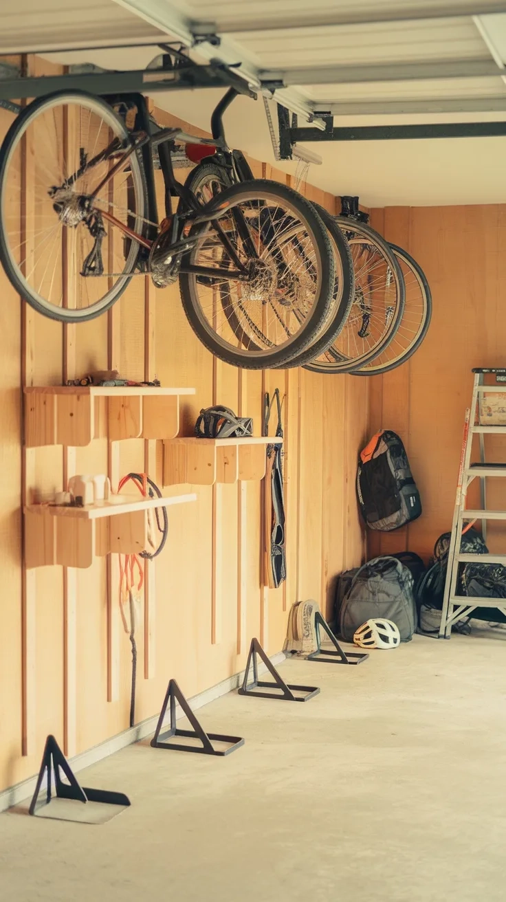 Organized bike storage solution in a garage with bikes mounted on wall racks