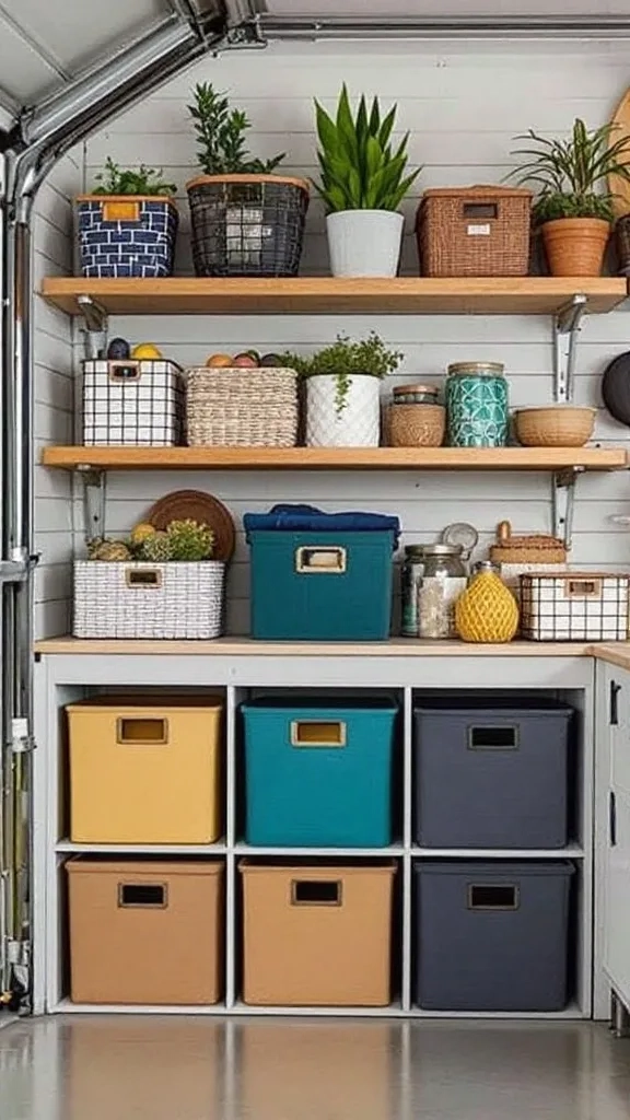 A stylish garage featuring various storage solutions, including baskets and shelves.