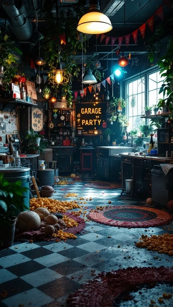 A vibrant garage decorated for a party with lights, plants, and colorful banners.