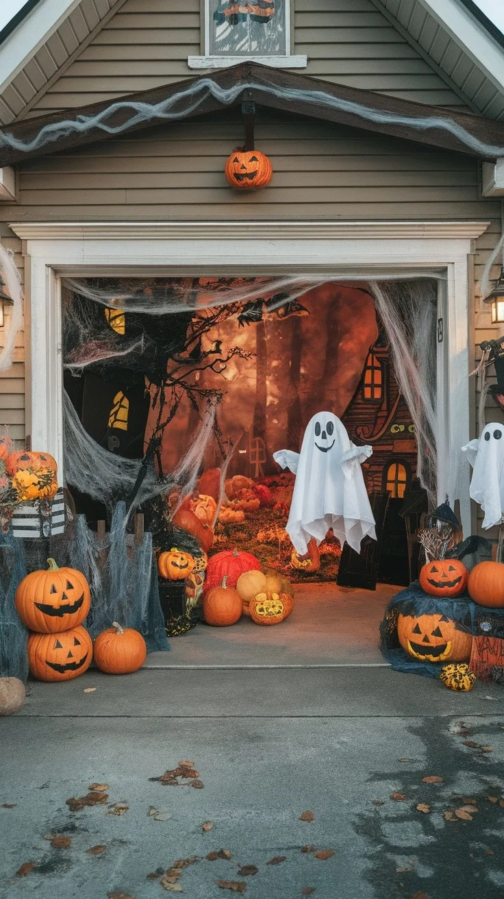 A beautifully decorated garage entrance with seasonal fall decor, pumpkins, and autumn leaves.