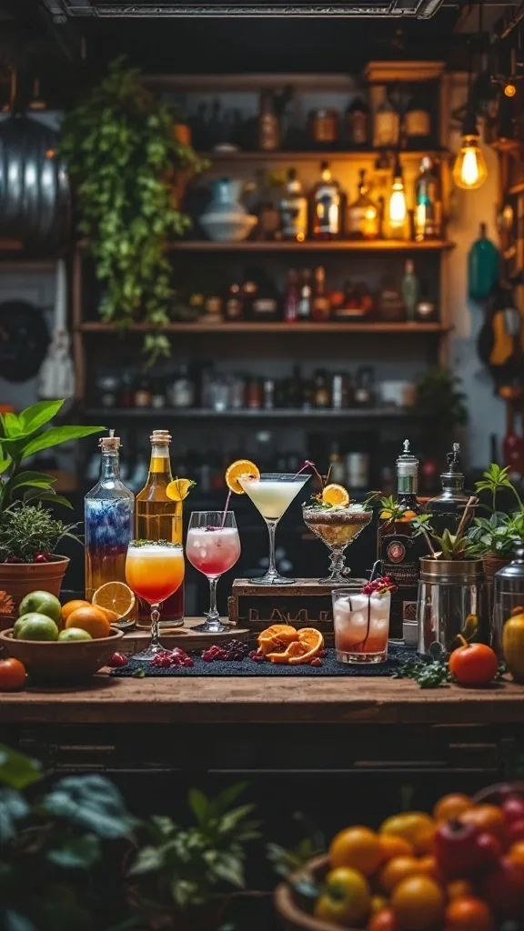 A drink station with colorful cocktails and fresh fruits set up for a garage party.