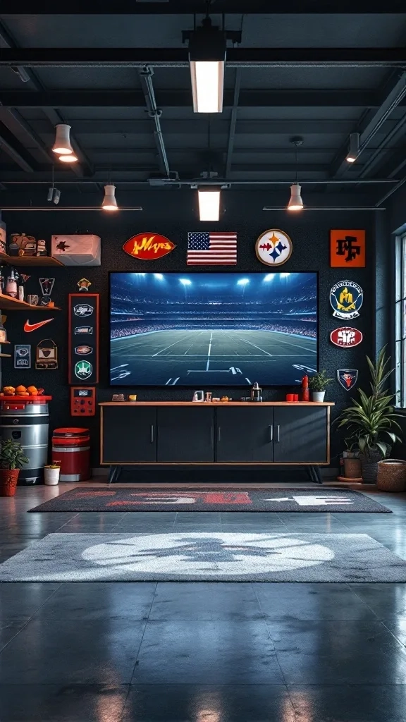 A cozy garage sports viewing area with a large TV, team memorabilia, and comfortable seating.