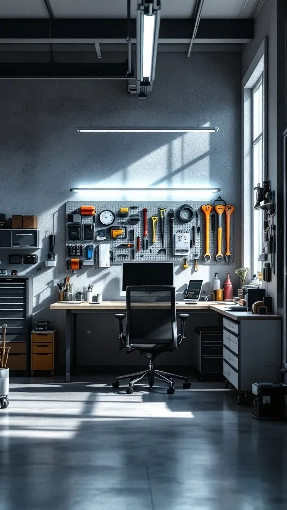 A modern garage workspace with tools organized on a pegboard, a desk, and a comfortable chair.