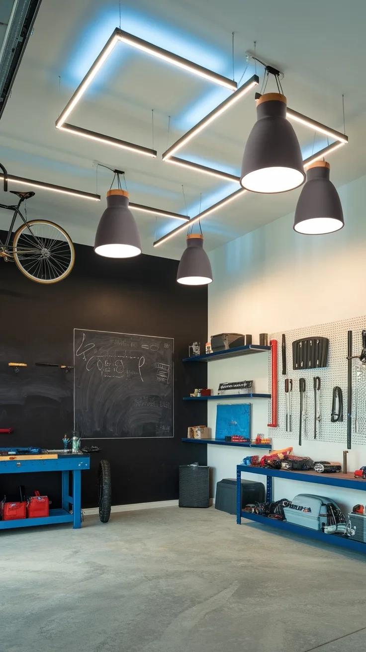 A modern garage featuring stylish pendant lighting and linear ceiling lights.