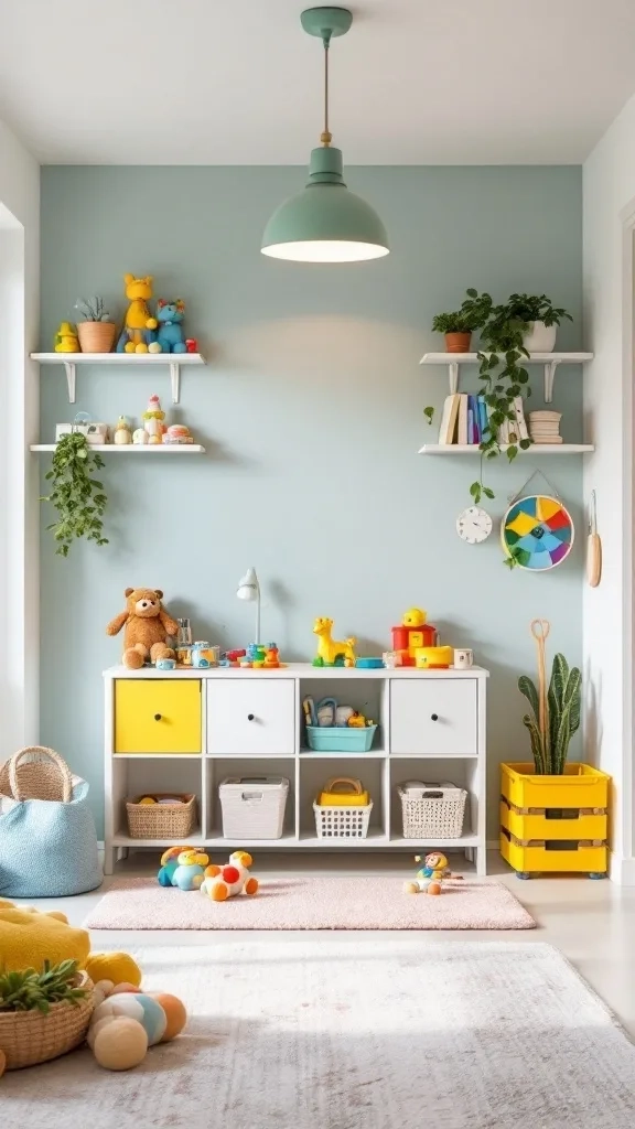 A bright and colorful playroom for kids, featuring a soft blue wall, shelves with toys, and a stylish storage unit.