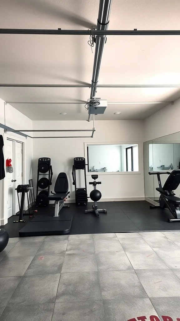 A stylish garage gym with workout machines and weights set in a clean space.