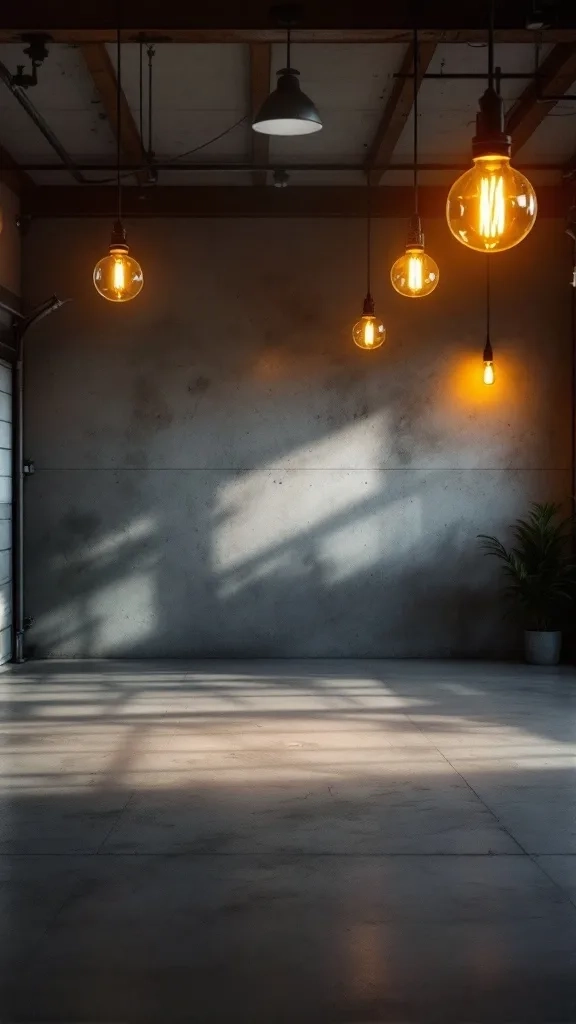 A garage lounge with unique lighting fixtures creating an inviting atmosphere.
