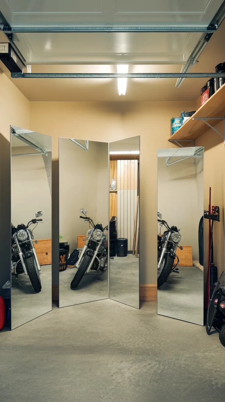 A garage with several mirrors reflecting a motorcycle, creating an open atmosphere.