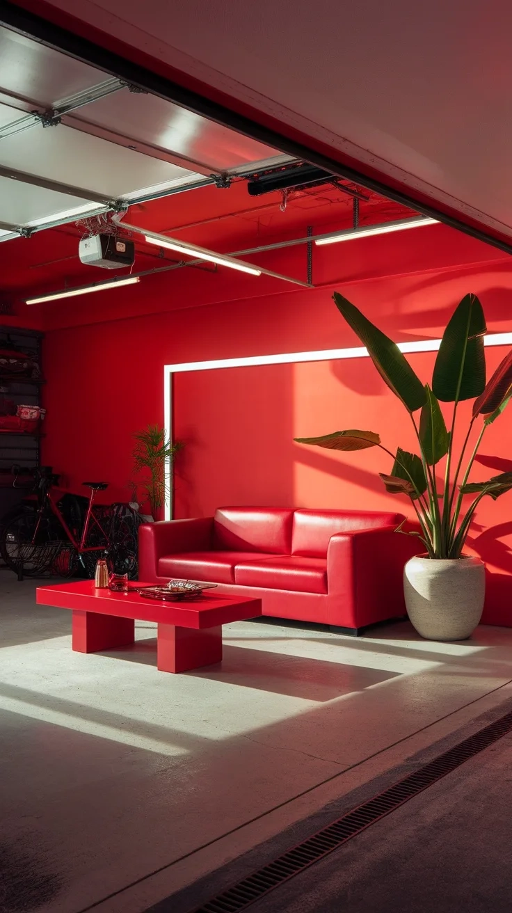 A modern garage with vibrant red walls, a red couch, and a coffee table, complemented by a tall green plant.