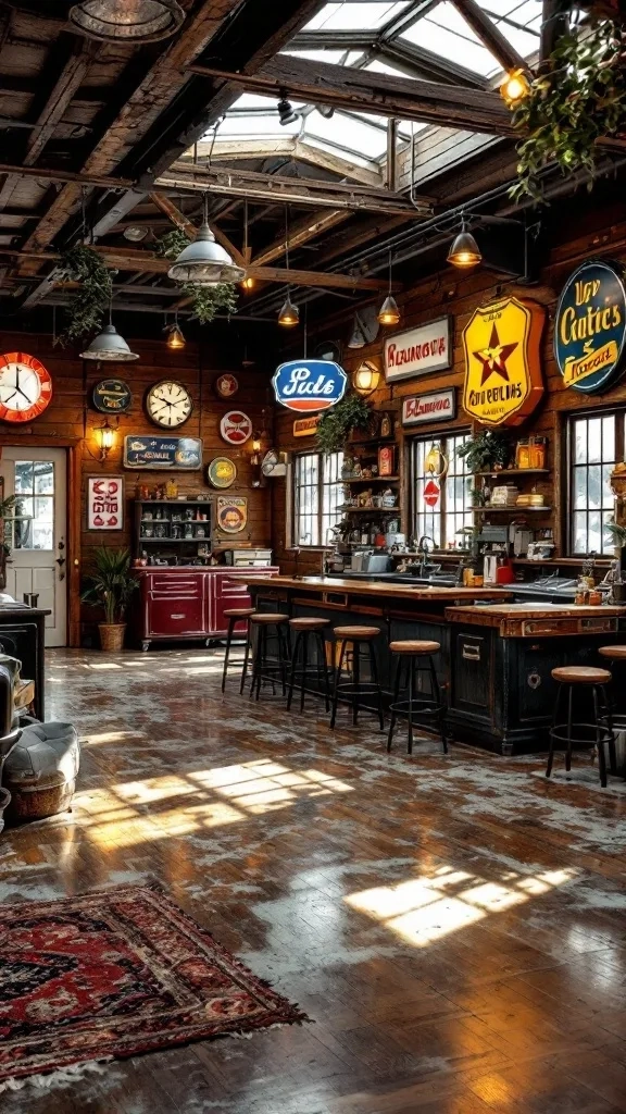A cozy vintage-inspired garage with retro signs, wooden walls, and warm lighting.