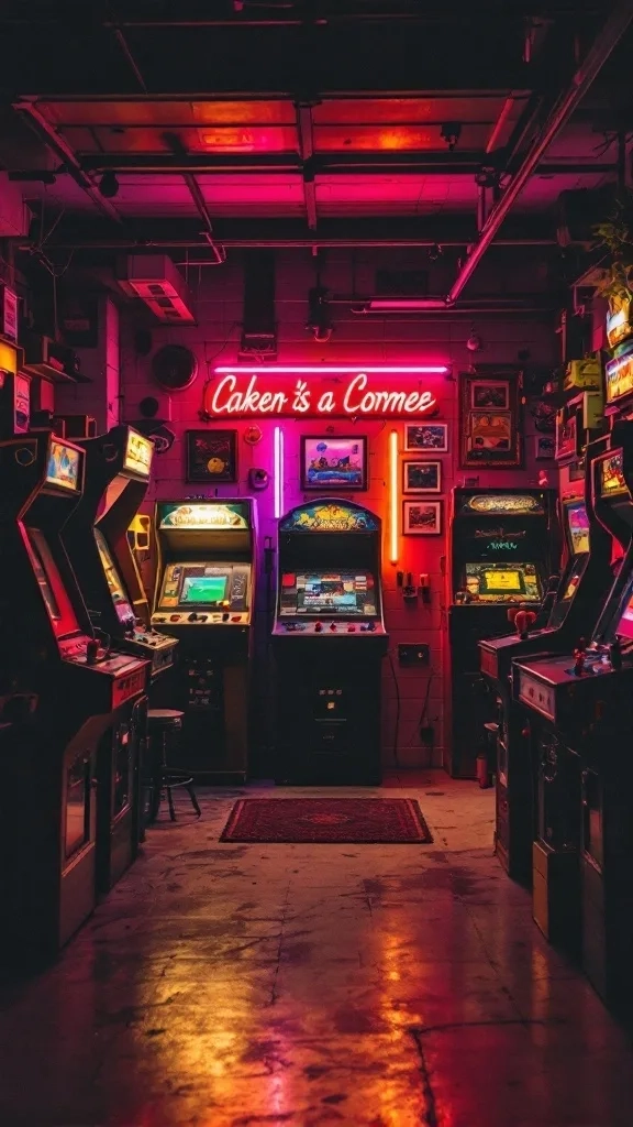 A cozy garage corner filled with vintage arcade games and neon lights.