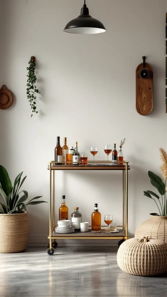 A vintage bar cart filled with various bottles and glassware in a stylish lounge setting.