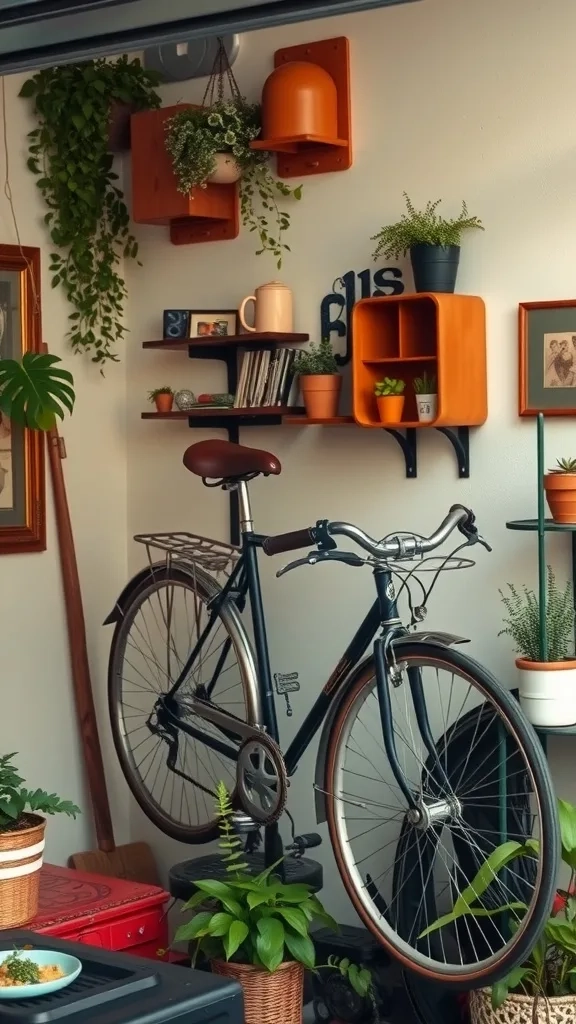 A garage showcasing a vintage bicycle with plants and decorative shelves.