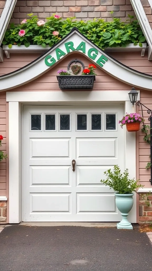A charming vintage cottage-style garage with flowers and a bright sign.