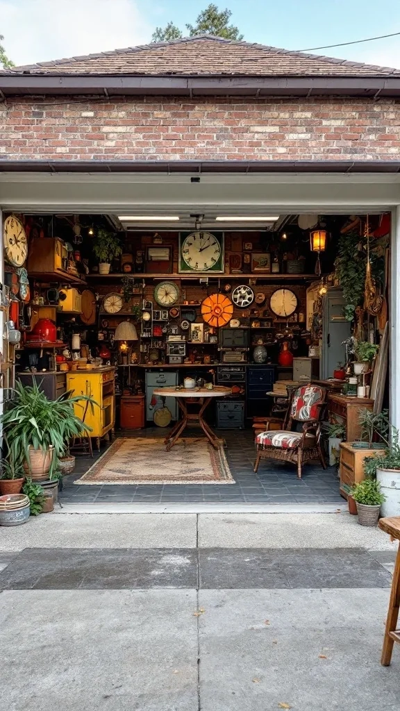 A garage decorated with vintage items including clocks, posters, furniture, and a bicycle.