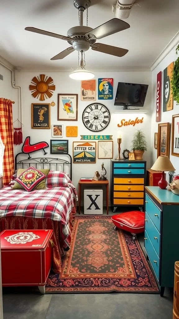 A garage bedroom with vintage decor, featuring colorful furniture and eclectic wall art.