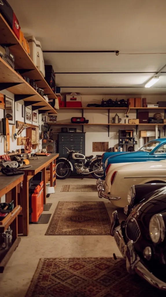 A photo of a vintage-style garage filled with classic cars. The garage has wooden shelves along the walls, holding various tools and items. A workbench is against the wall, with a few tools on it. There's a vintage motorcycle in the corner. The floor is covered with a rug. The lighting is warm.