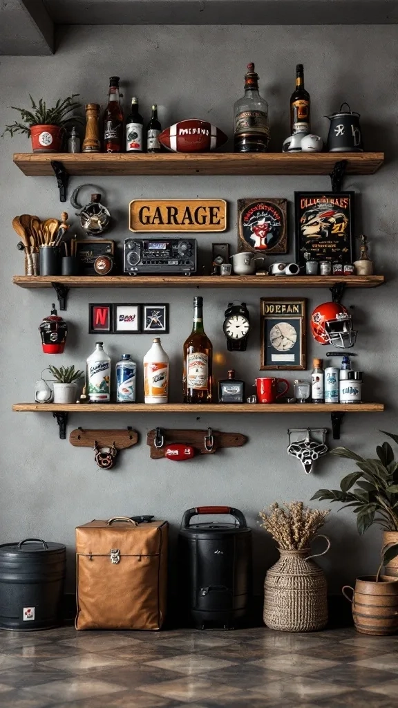 A stylish garage wall with wooden shelves displaying various memorabilia, including sports items and vintage bottles.