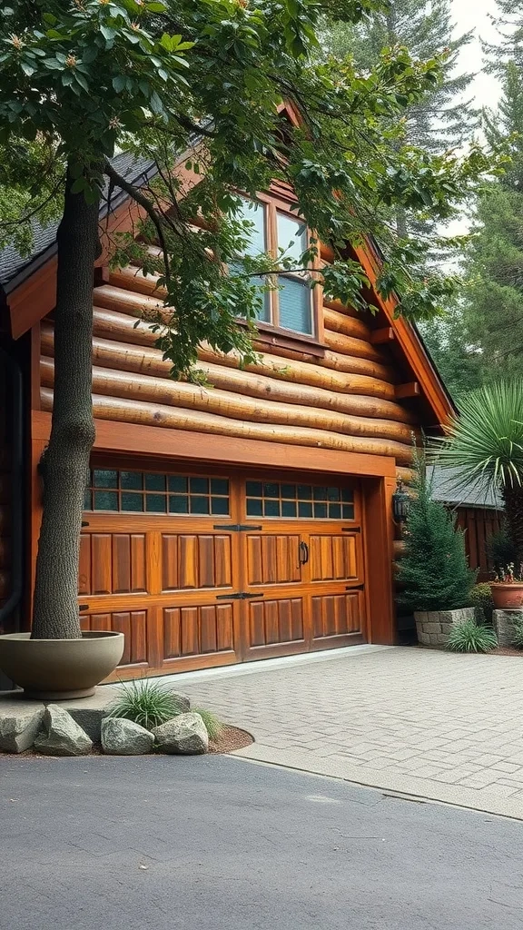 A garage with warm earthy tones and wood accents surrounded by greenery.