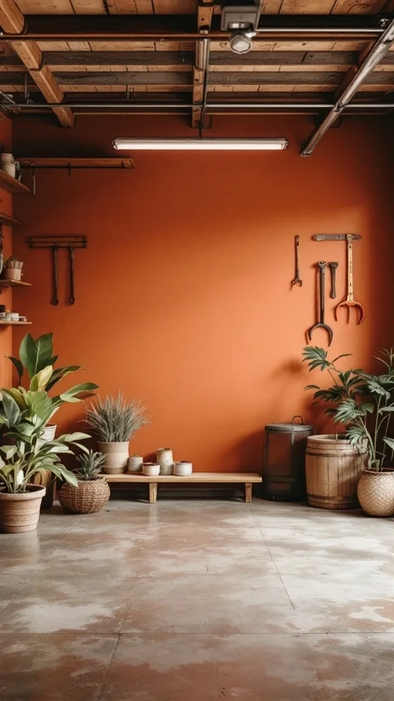 A cozy garage with warm terracotta walls, plants, and rustic decorations.