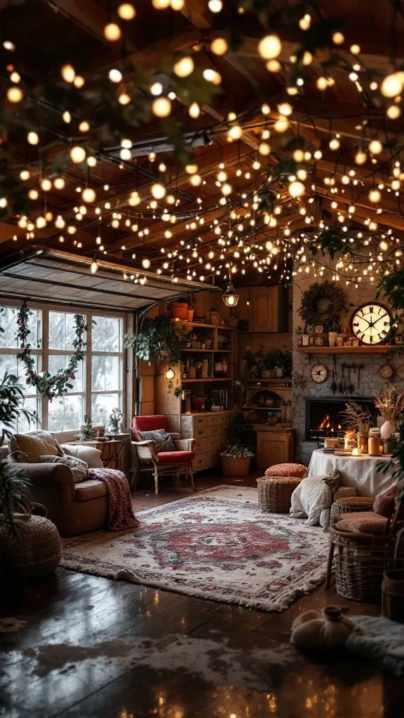 A garage with a canopy of fairy lights hanging from the ceiling, creating a whimsical atmosphere.