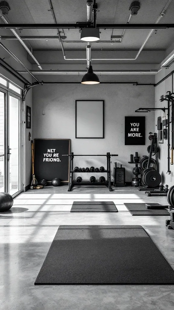 A stylish and functional garage workout zone with fitness equipment and motivational quotes.