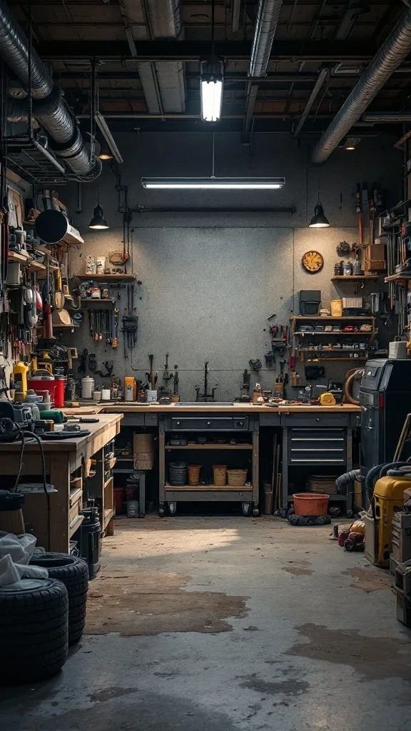 A well-organized garage workshop with various tools and a workbench
