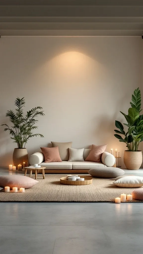 A cozy zen meditation space with a light-colored sofa, pillows, plants, and candles.