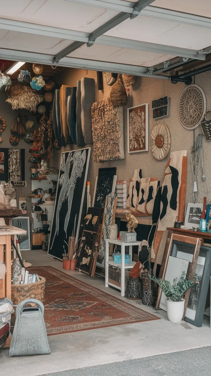 A transformed garage art studio filled with handmade decor and artwork.