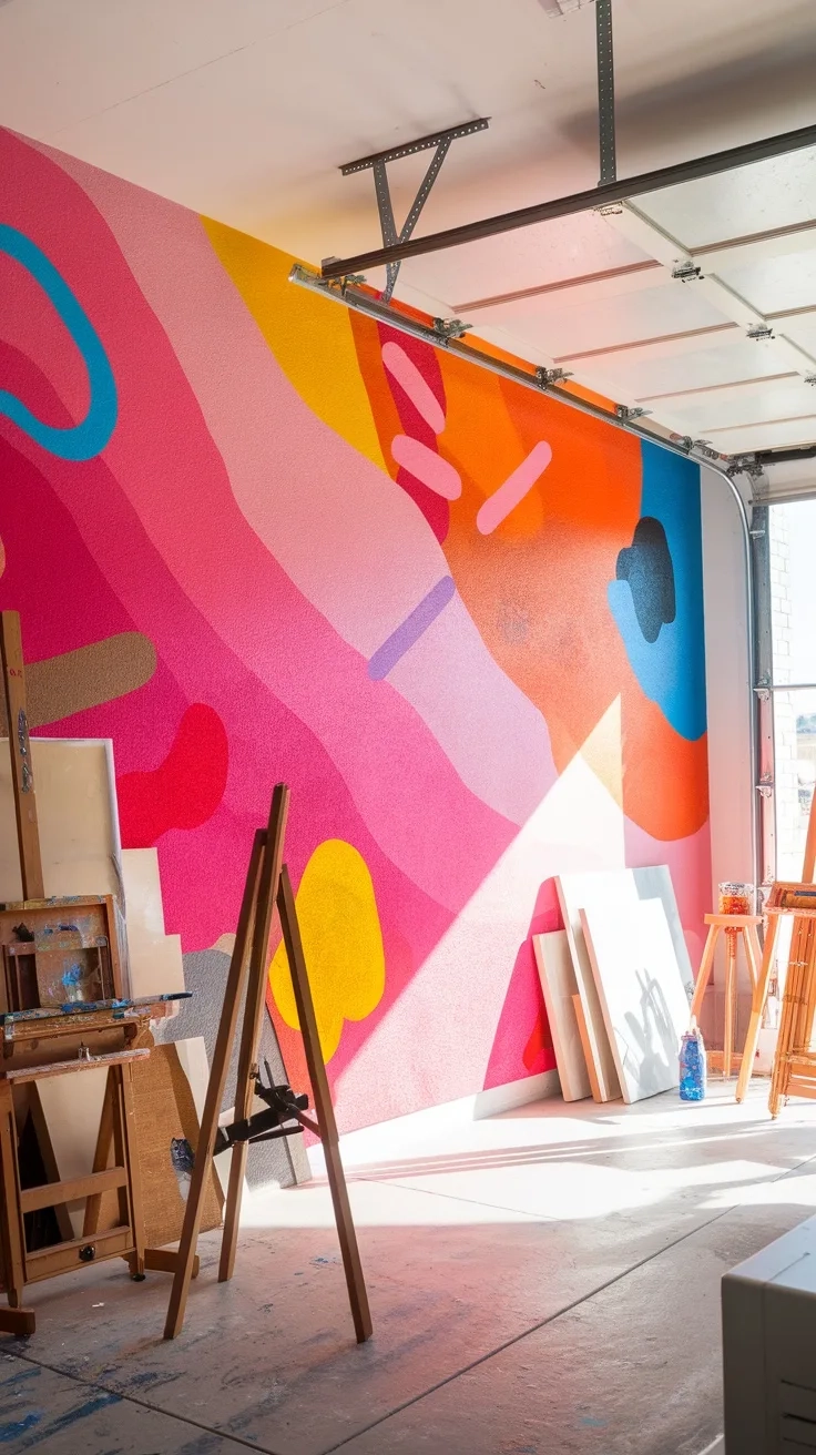 Vibrant wall mural in a garage art studio