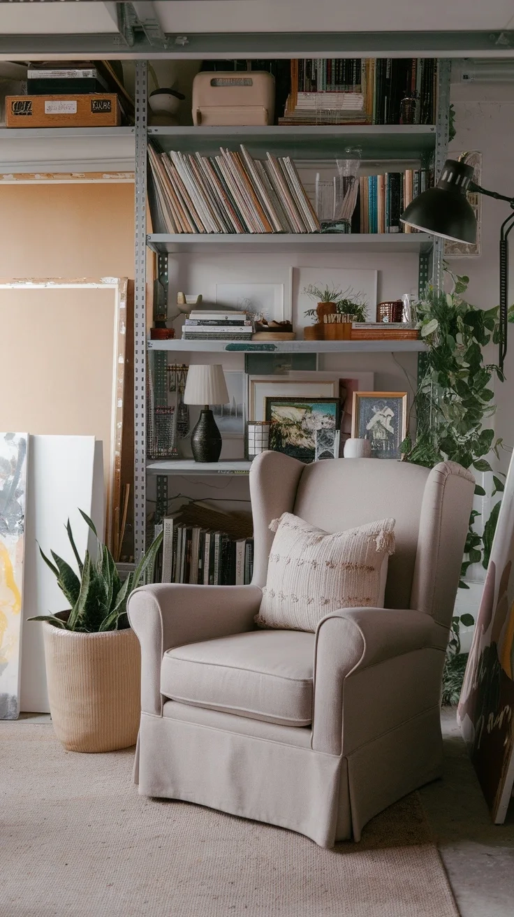 Cozy reading corner in a garage art studio with a comfortable chair and bookshelves.