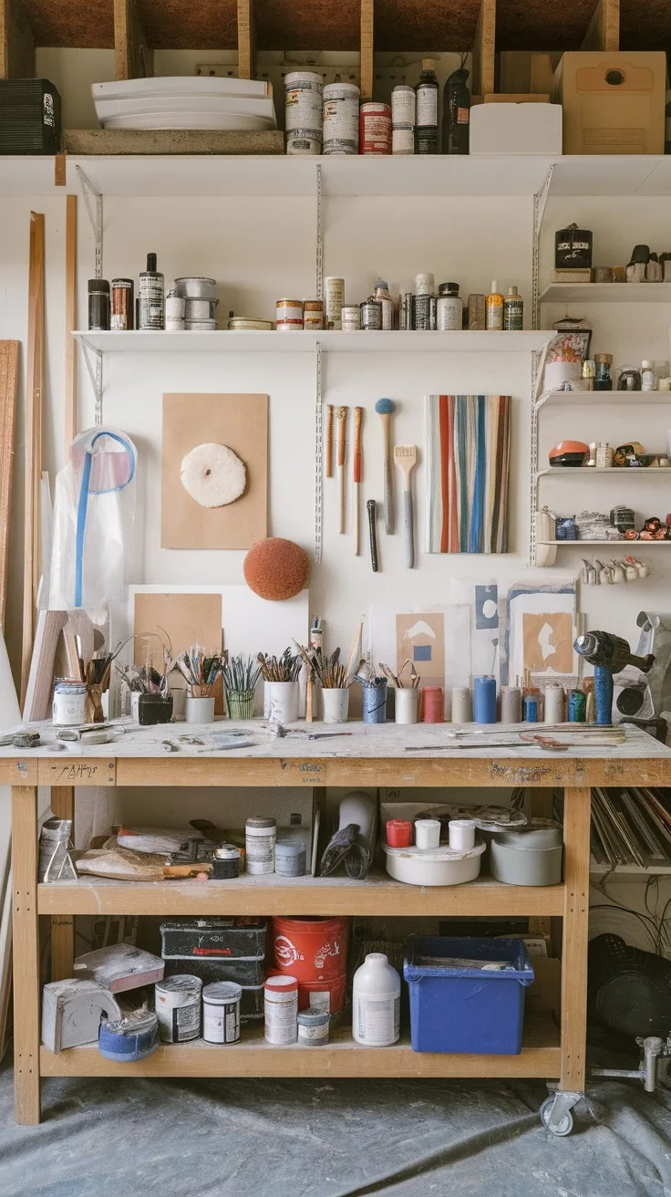 A well-organized workbench with various art supplies, jars, and tools in a garage studio setting.