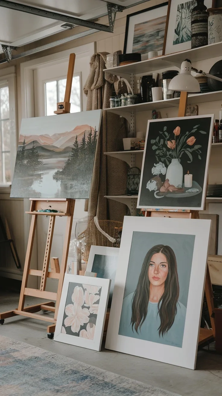 A cozy garage art studio featuring various artworks displayed on easels and shelves.