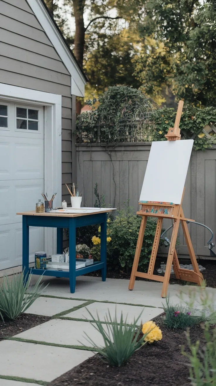 An outdoor art workspace with a table, easel, and surrounding plants.