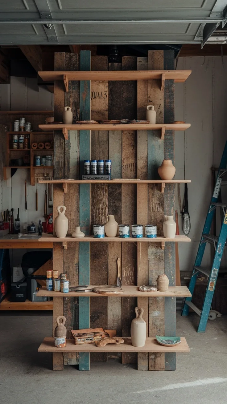 A wooden shelving unit in a garage art studio displaying various art supplies and pottery.