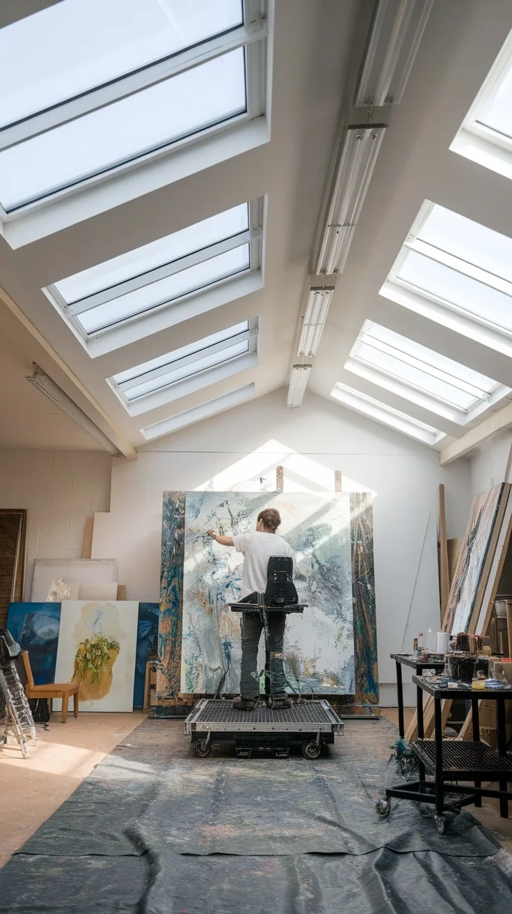 A spacious garage art studio with skylights letting in natural light, showcasing an artist painting.